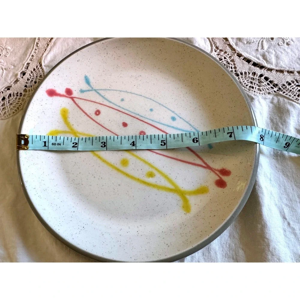 Harkerware Olympic Stone China Plate MCM Atomic Yellow Pink Blue 7.5 Vintage